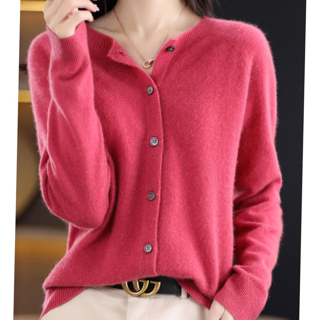 Women's Classic Button Merino Wool Crew-Neck Cardigan Sweater - Dark Pink
