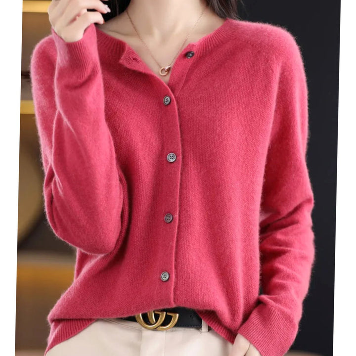 Women's Classic Button Merino Wool Crew-Neck Cardigan Sweater - Dark Pink