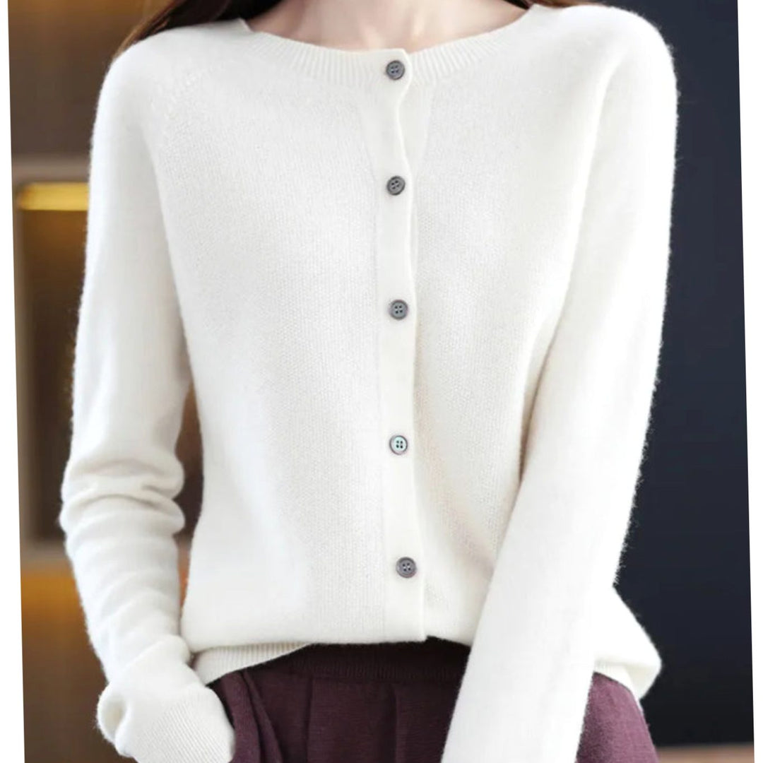 Women's Classic Button Merino Wool Crew-Neck Cardigan Sweater - White