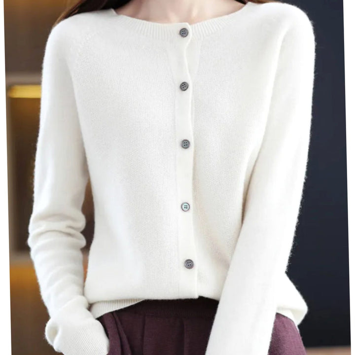 Women's Classic Button Merino Wool Crew-Neck Cardigan Sweater - White