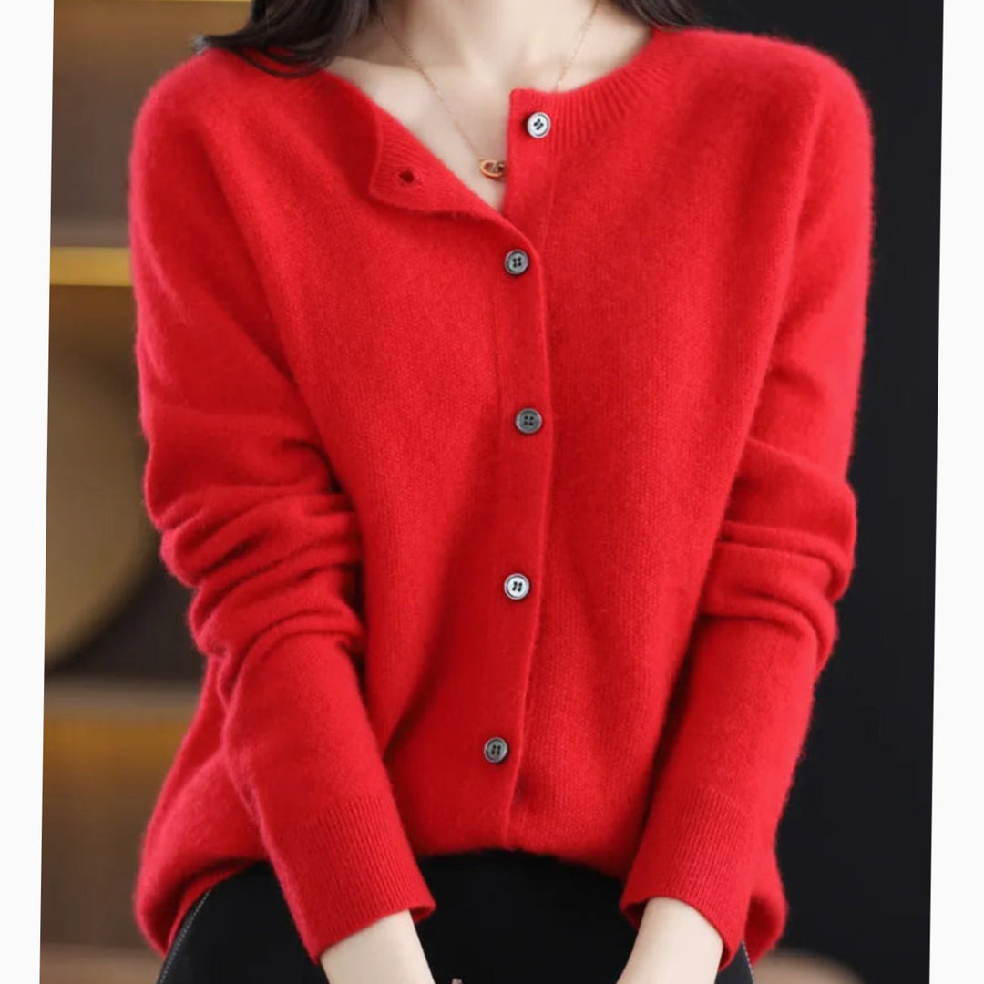 Women's Classic Button Merino Wool Crew-Neck Cardigan Sweater - Red