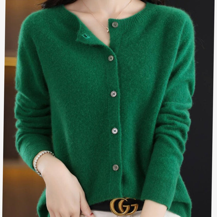 Women's Classic Button Merino Wool Crew-Neck Cardigan Sweater - Dark Green