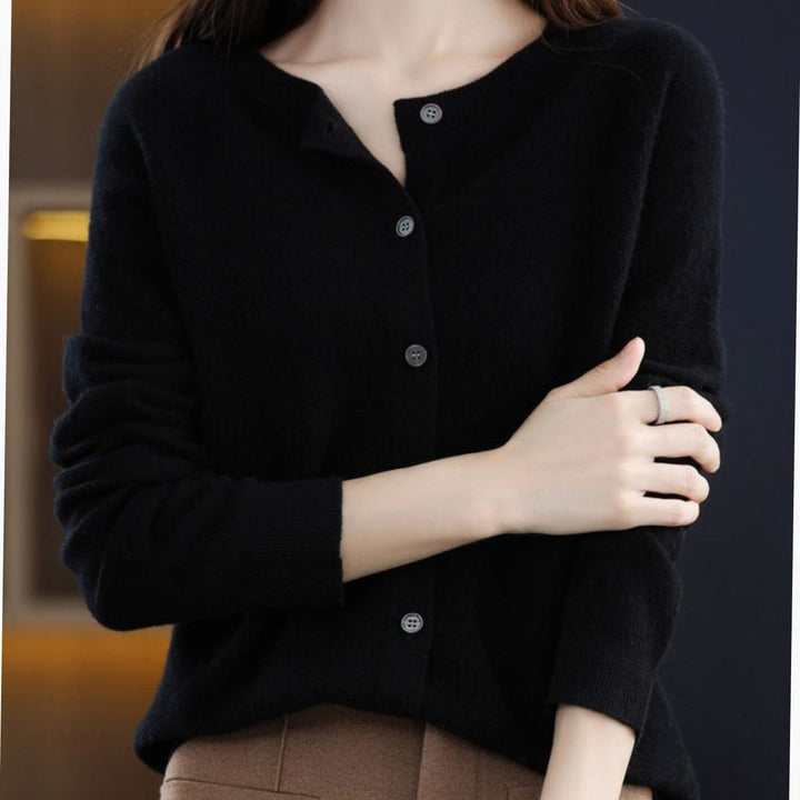 Women's Classic Button Merino Wool Crew-Neck Cardigan Sweater - Black