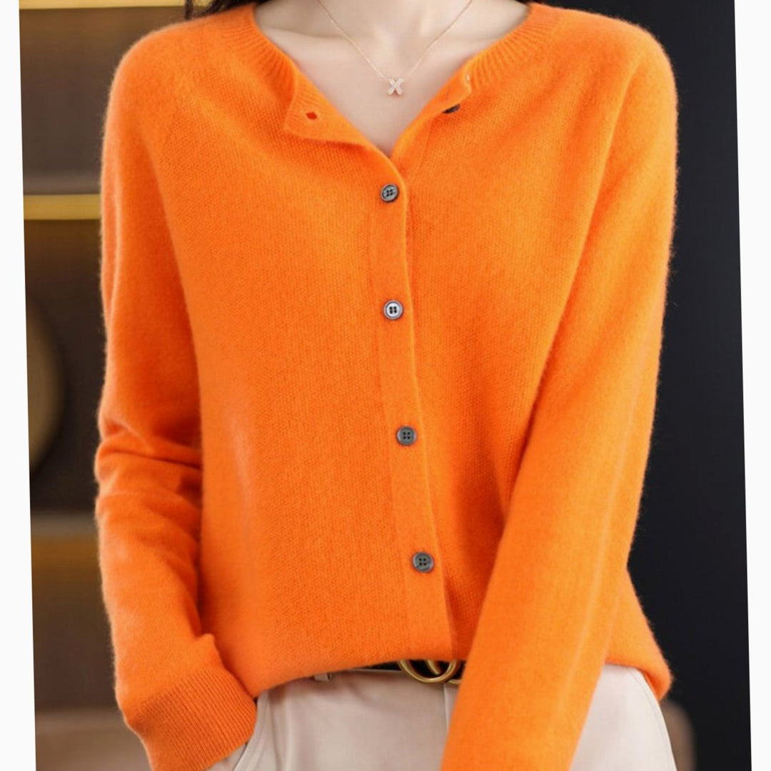 Women's Classic Button Merino Wool Crew-Neck Cardigan Sweater - Orange