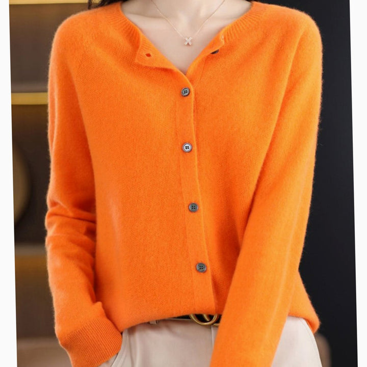 Women's Classic Button Merino Wool Crew-Neck Cardigan Sweater - Orange