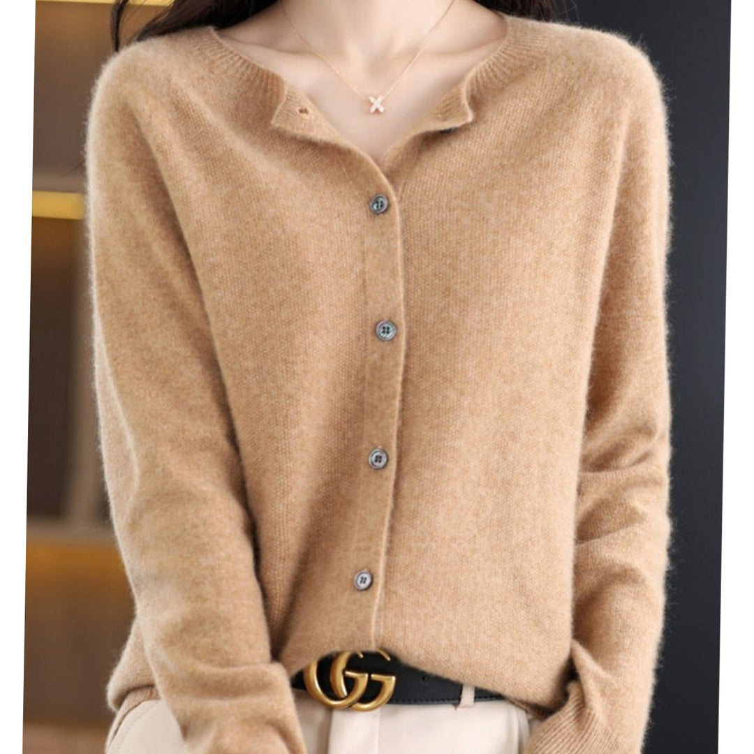 Women's Classic Button Merino Wool Crew-Neck Cardigan Sweater - Beige