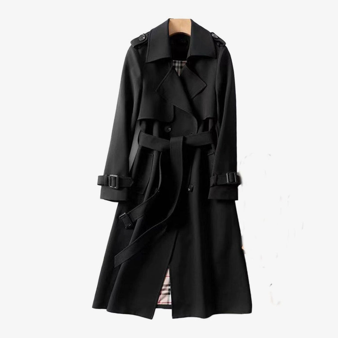 Women's Classic Double-Breasted Belted Trench Coat - Black