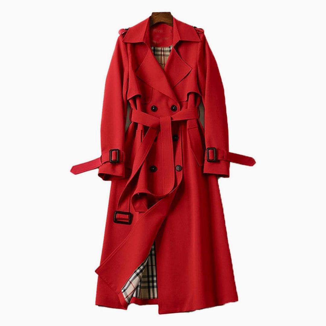 Women's Classic Double-Breasted Belted Trench Coat - Red