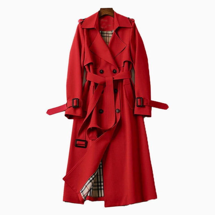 Women's Classic Double-Breasted Belted Trench Coat - Red