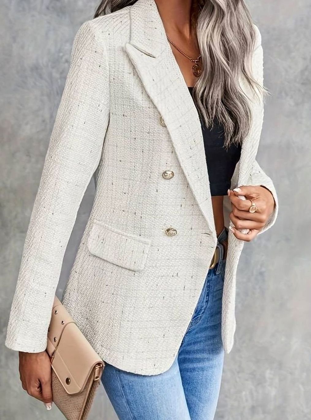 Women's Classic Double-Breasted Tweed Blazer Gold-Button Structured Jacket - Beige