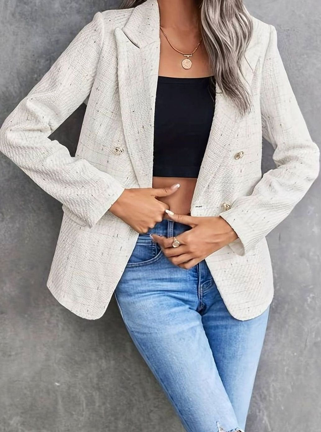 Women's Classic Double-Breasted Tweed Blazer Gold-Button Structured Jacket