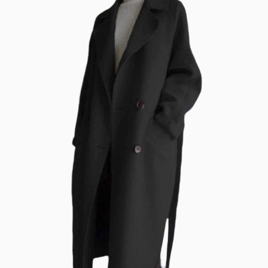 Women's Classic Lapel Double-Button Long Winter Coat - Black