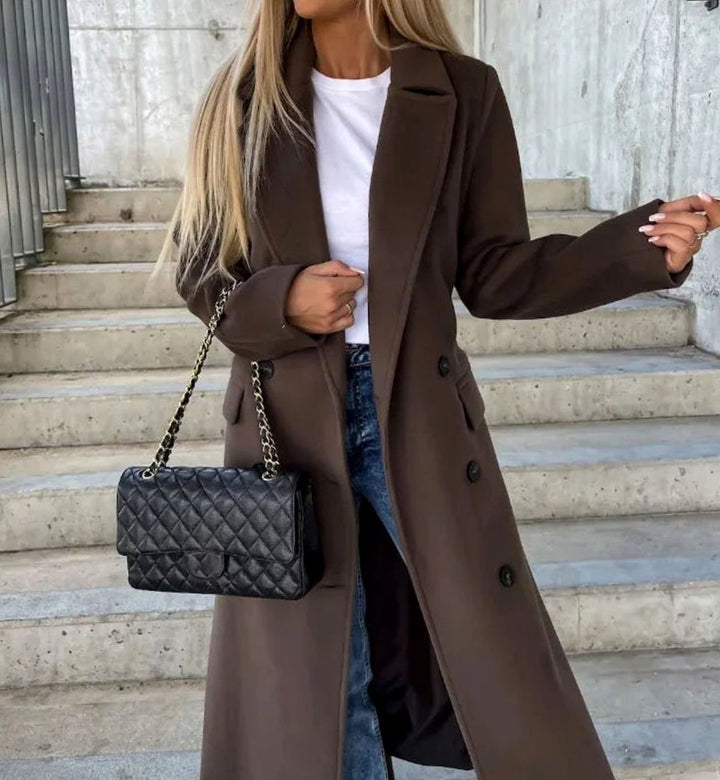 Women's Classic Long-Sleeve Double-Breasted Trench Coat - Dark Brown