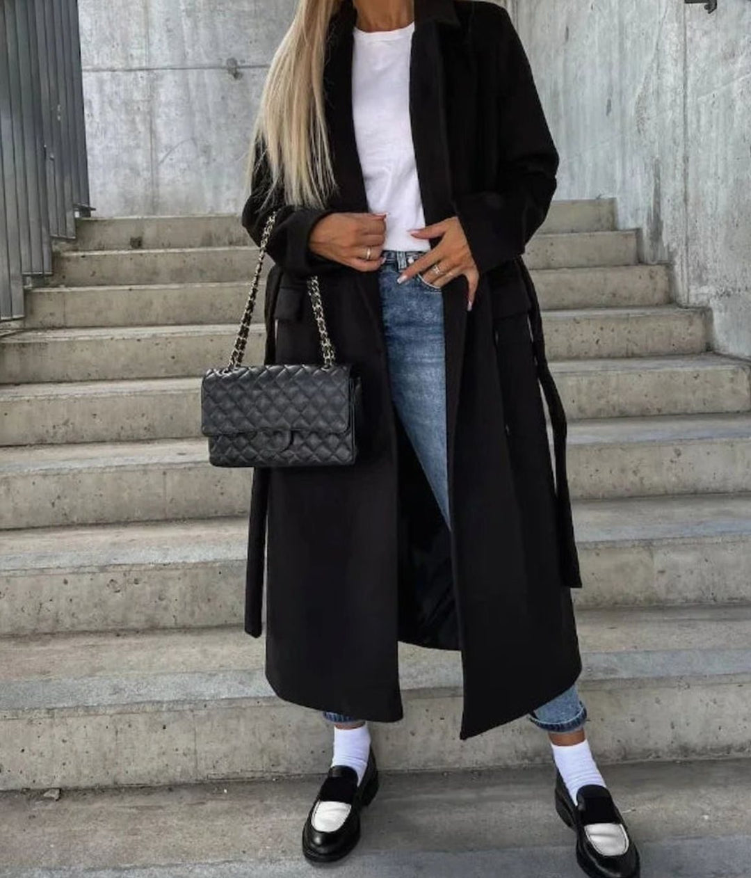 Women's Classic Long-Sleeve Double-Breasted Trench Coat - Black