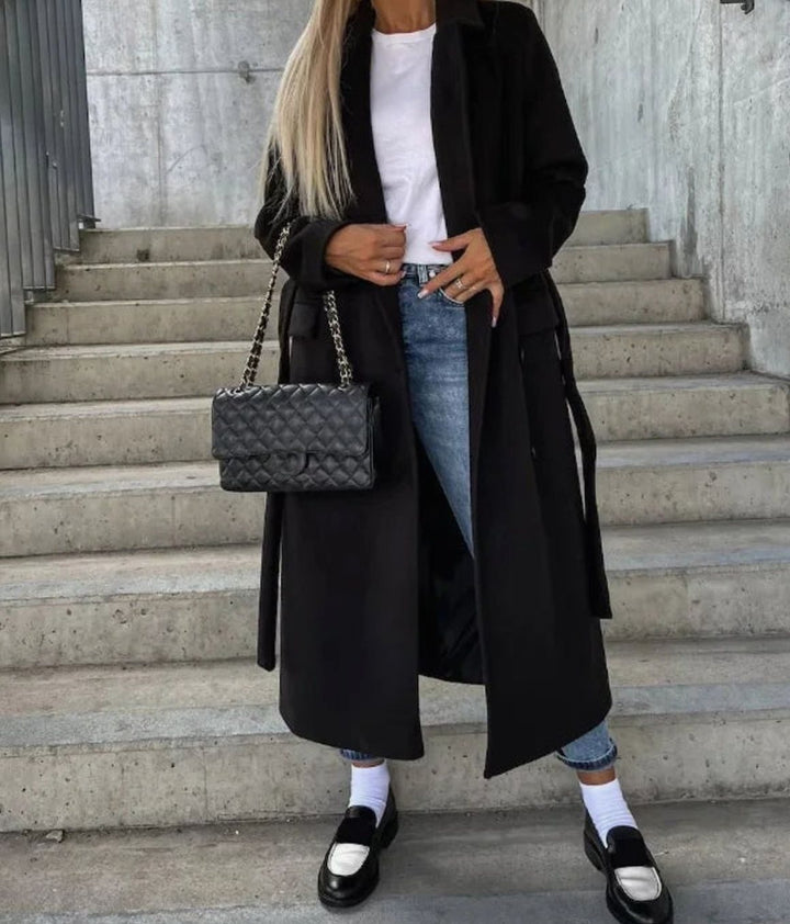 Women's Classic Long-Sleeve Double-Breasted Trench Coat - Black