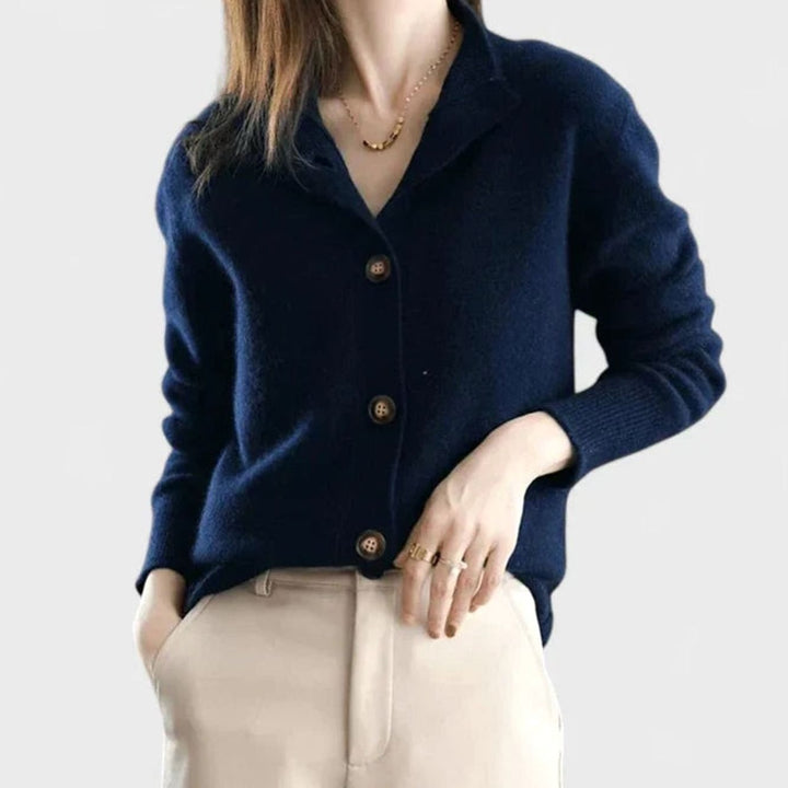 Women's Collared Button-Front Knit Cardigan - Dark Blue