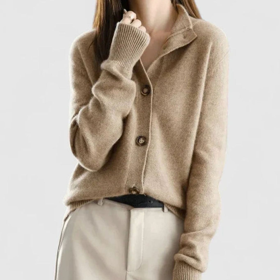 Women's Collared Button-Front Knit Cardigan - Taupe