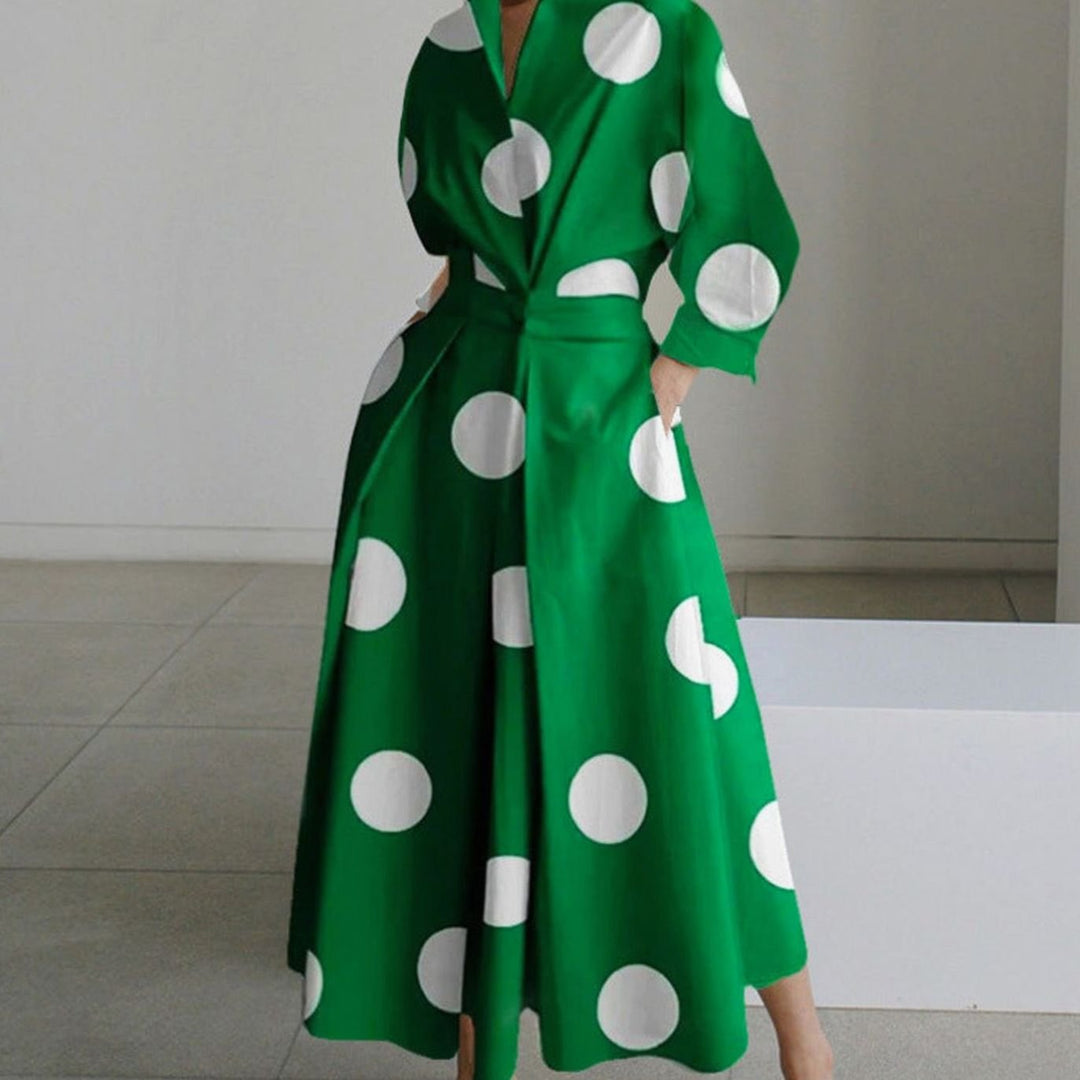 Women's Collared Maxi Shirt Dress Newspaper Print Wrap Front - Green Polka