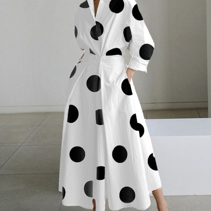 Women's Collared Maxi Shirt Dress Newspaper Print Wrap Front - White Polka