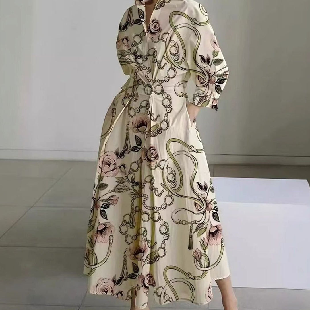 Women's Collared Maxi Shirt Dress Newspaper Print Wrap Front - Gold Chain