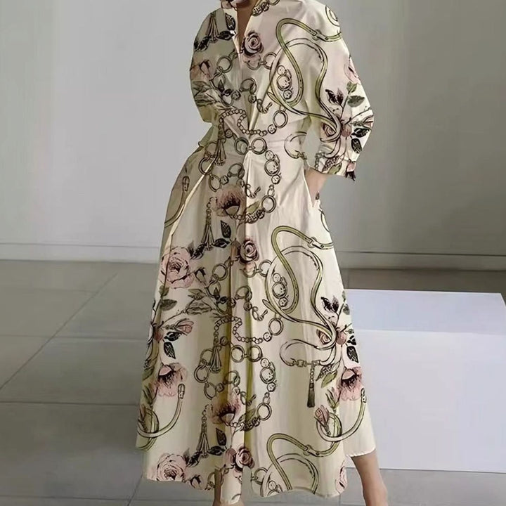 Women's Collared Maxi Shirt Dress Newspaper Print Wrap Front - Gold Chain