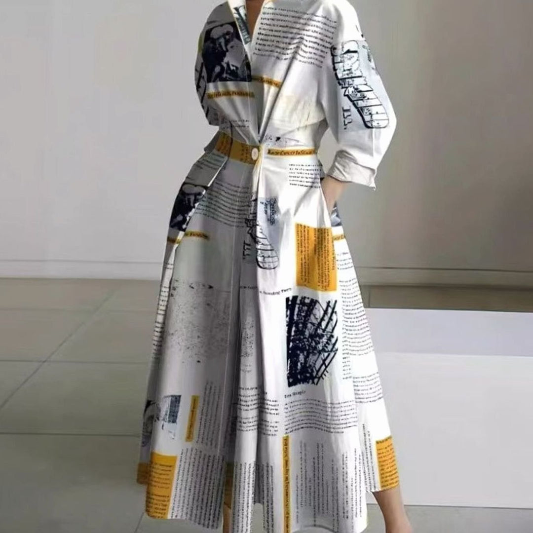 Women's Collared Maxi Shirt Dress Newspaper Print Wrap Front - Yellow Newspaper