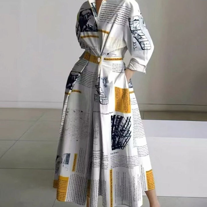 Women's Collared Maxi Shirt Dress Newspaper Print Wrap Front - Yellow Newspaper