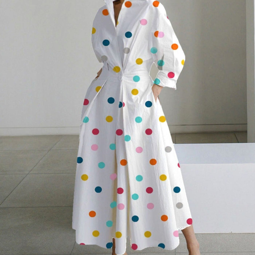 Women's Collared Maxi Shirt Dress Newspaper Print Wrap Front - Rainbow Polka