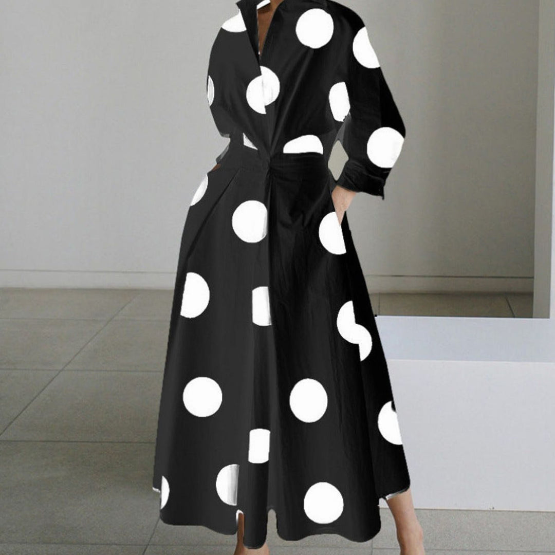 Women's Collared Maxi Shirt Dress Newspaper Print Wrap Front - Black Polka