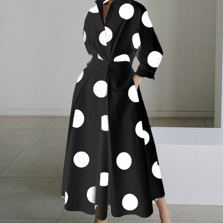 Women's Collared Maxi Shirt Dress Newspaper Print Wrap Front - Black Polka