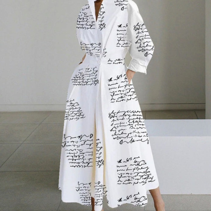 Women's Collared Maxi Shirt Dress Newspaper Print Wrap Front - White Letter
