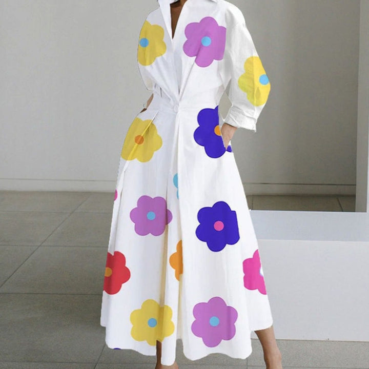 Women's Collared Maxi Shirt Dress Newspaper Print Wrap Front - White Flower