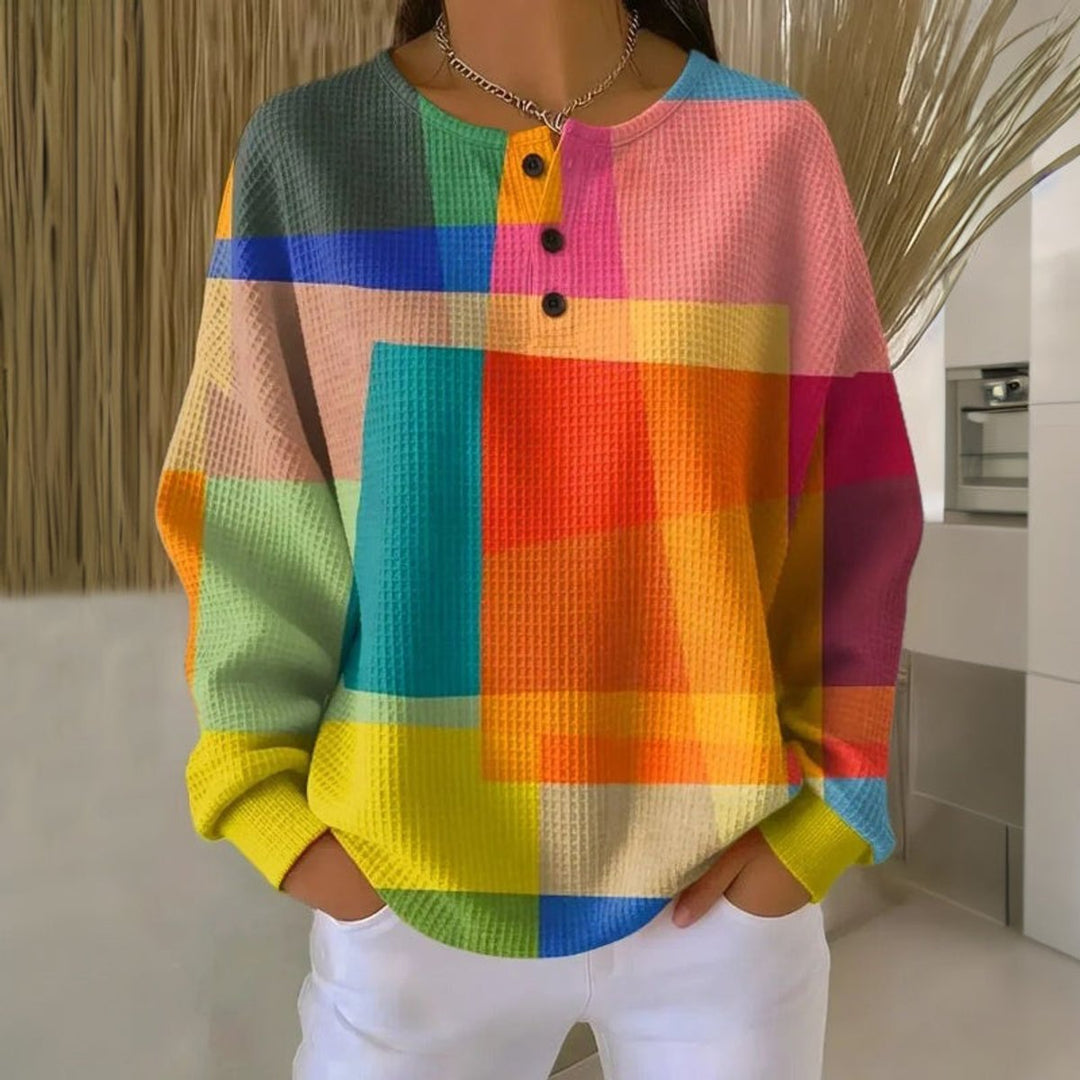 Women's Colourblock Waffle-Knit Long Sleeve Pullover Sweater