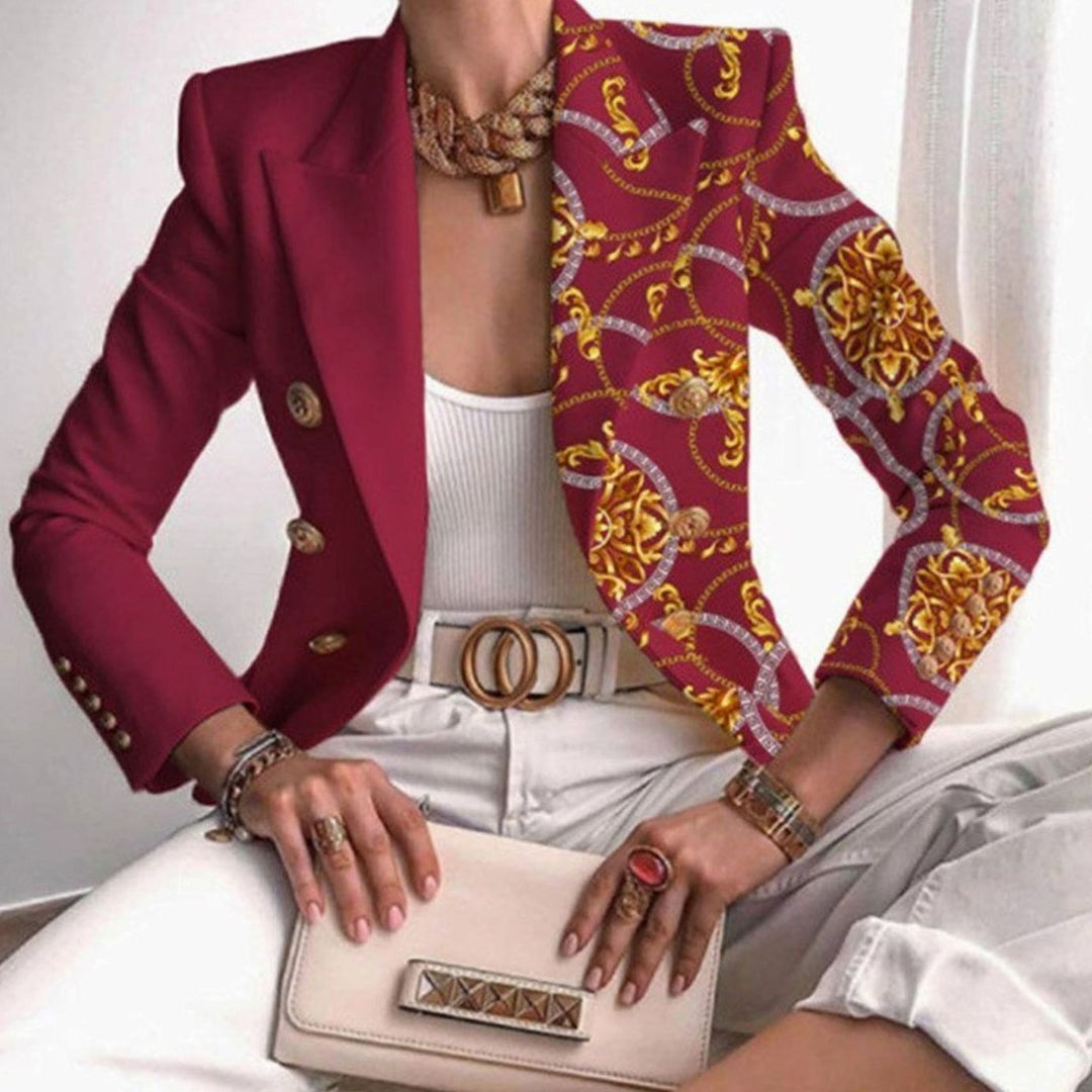 Women's Contrast Panel Gold-Button Tailored Work Blazer - Red