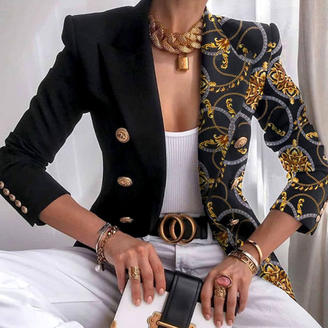 Women's Contrast Panel Gold-Button Tailored Work Blazer - Black