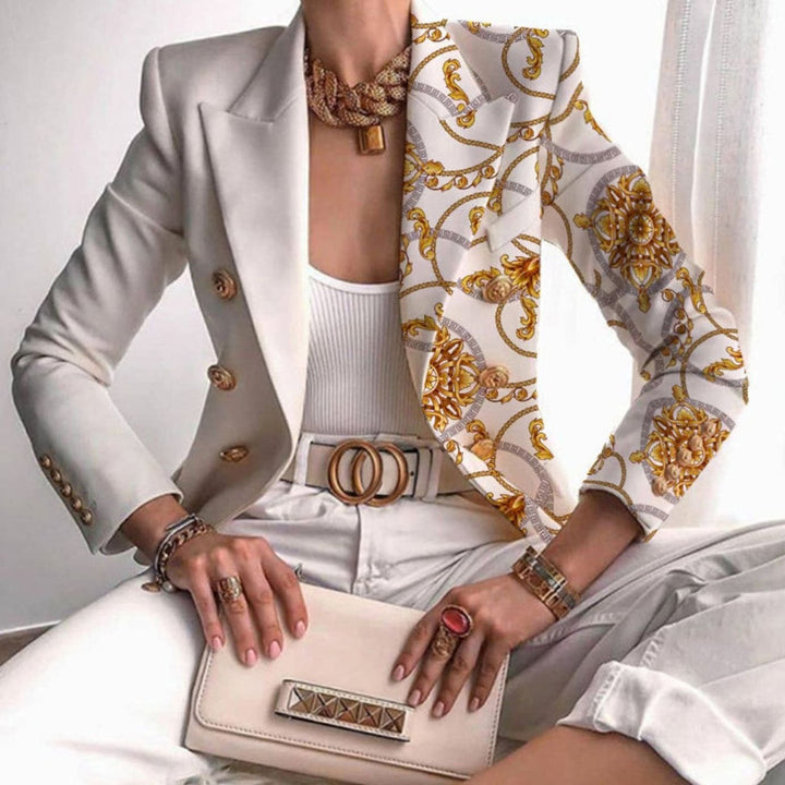 Women's Contrast Panel Gold-Button Tailored Work Blazer - White