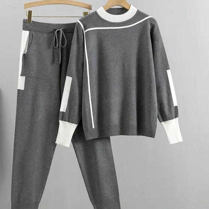 Women's Contrast-Trim Knit Sweater Pants Set - Gray
