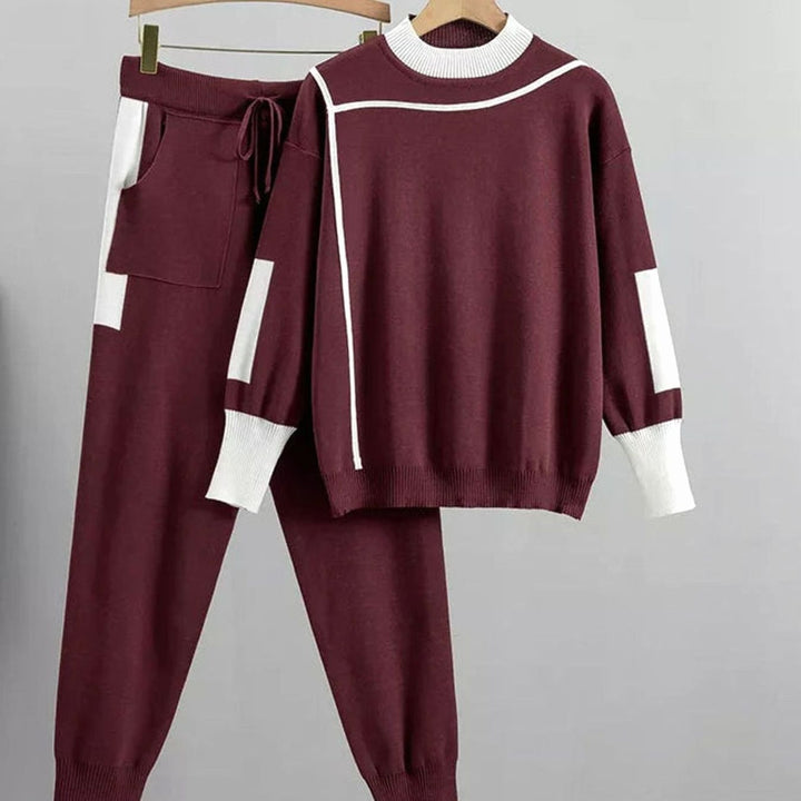 Women's Contrast-Trim Knit Sweater Pants Set - Red