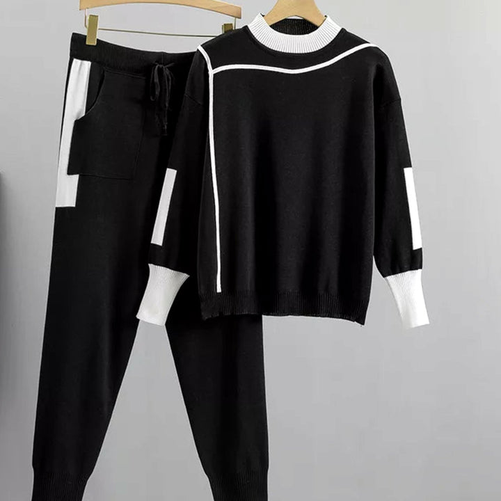 Women's Contrast-Trim Knit Sweater Pants Set - Black