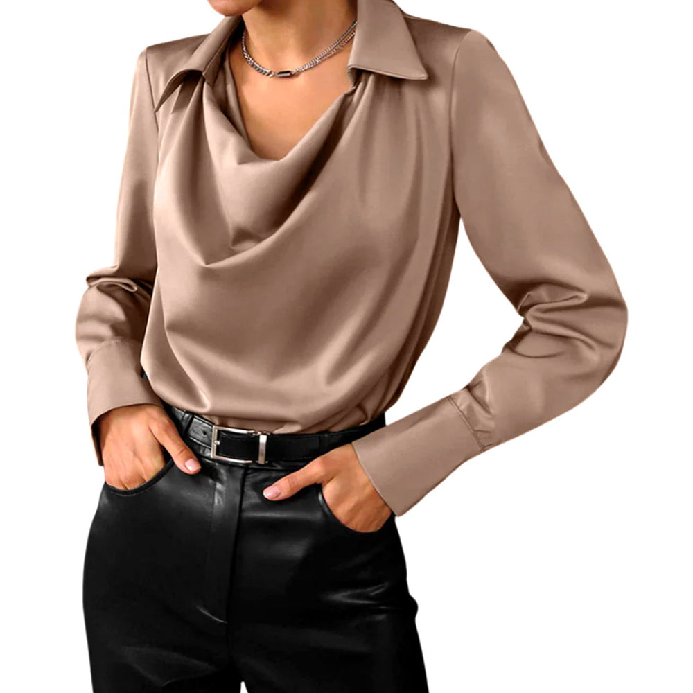 Women's Cowl Neck Long Sleeve Satin Blouse