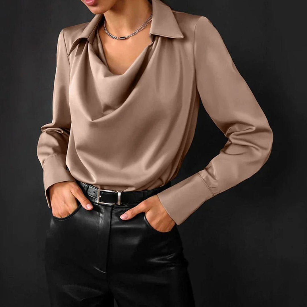 Women's Cowl Neck Long Sleeve Satin Blouse - Bronze