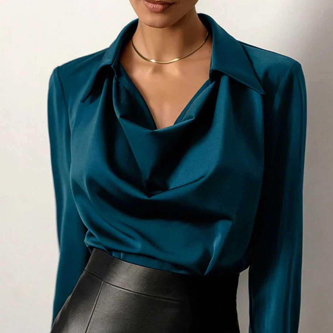 Women's Cowl Neck Long Sleeve Satin Blouse - Blue