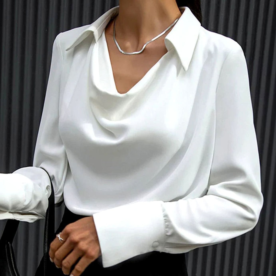 Women's Cowl Neck Long Sleeve Satin Blouse - White