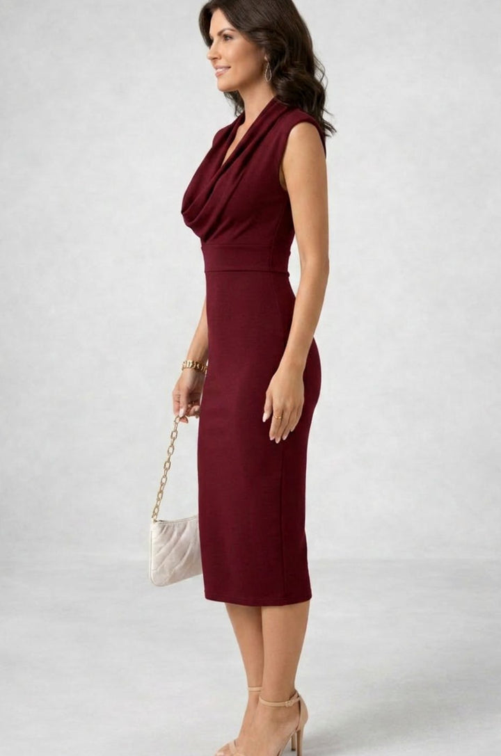 Women's Cowl Neck Sleeveless Pencil Midi Cocktail Dress