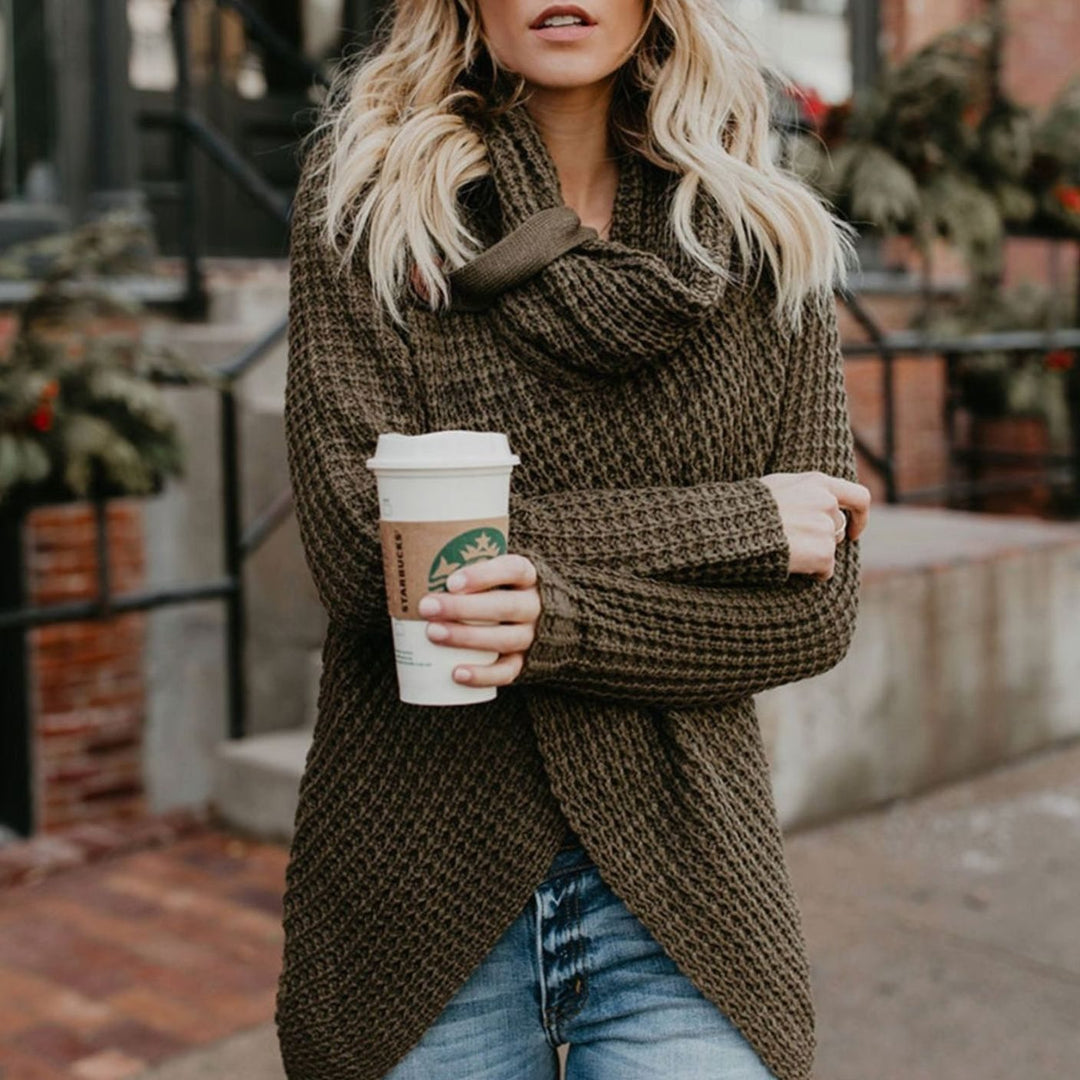 Women's Cowl-Neck Wrap-Front Cardigan Cozy Knit Sweater - Army Green