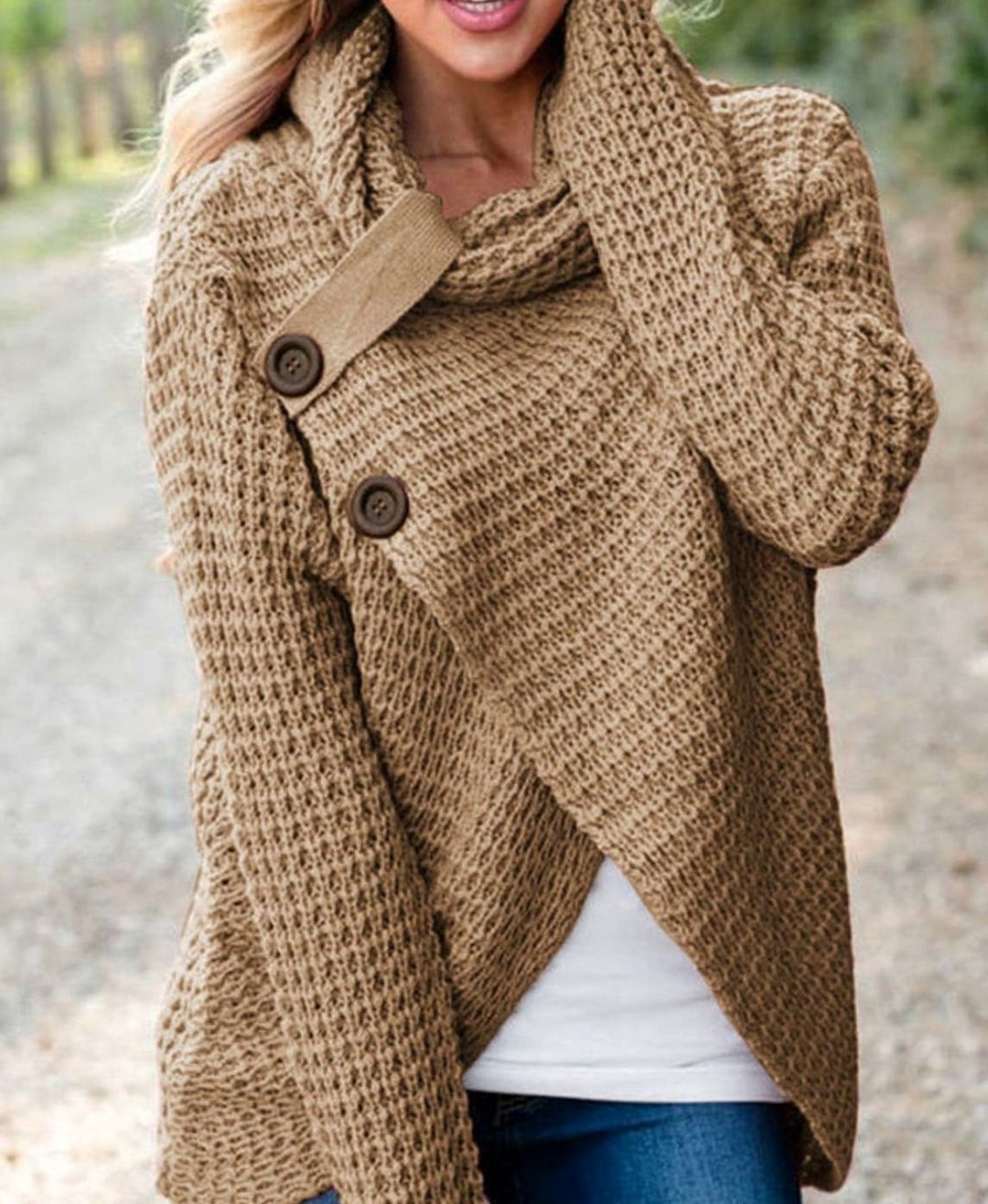 Women's Cowl-Neck Wrap-Front Cardigan Cozy Knit Sweater - Beige