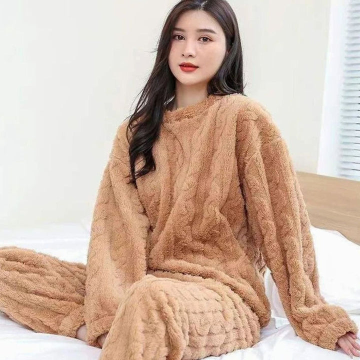 Women's Cozy Fleece Winter Loungewear Set Warm Relaxed-Fit Two-Piece - Khaki