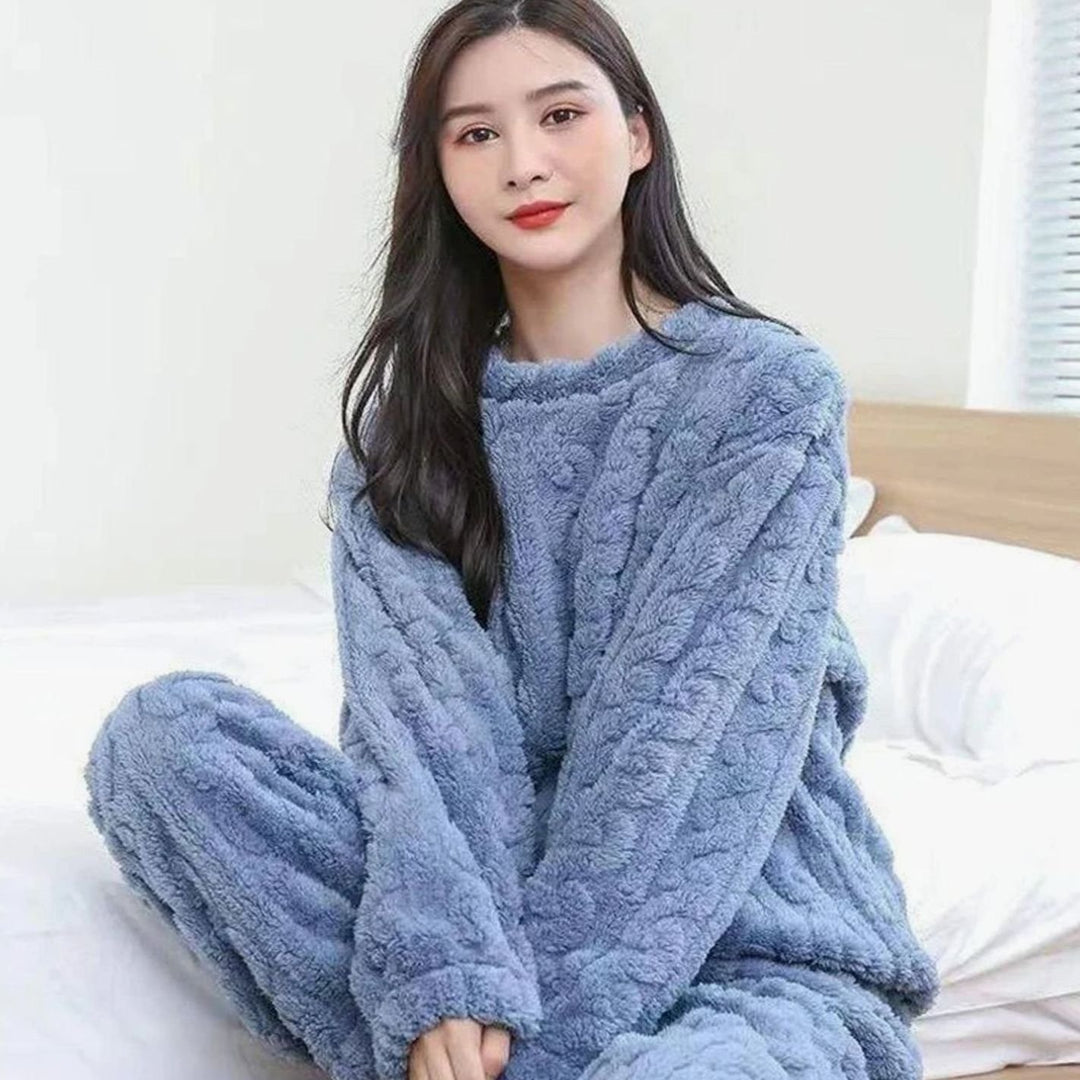 Women's Cozy Fleece Winter Loungewear Set Warm Relaxed-Fit Two-Piece - Blue
