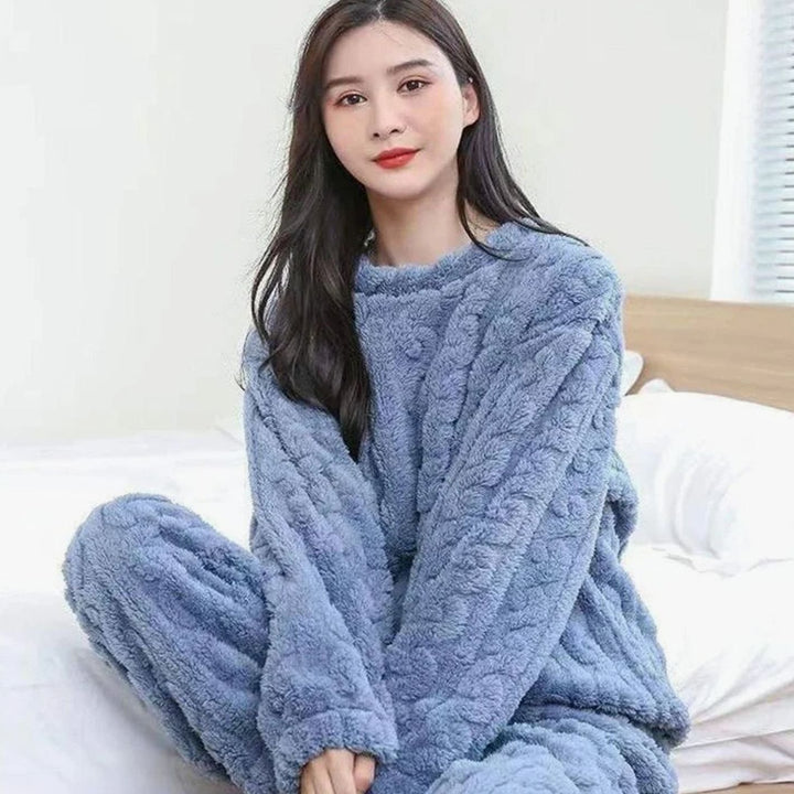 Women's Cozy Fleece Winter Loungewear Set Warm Relaxed-Fit Two-Piece - Blue