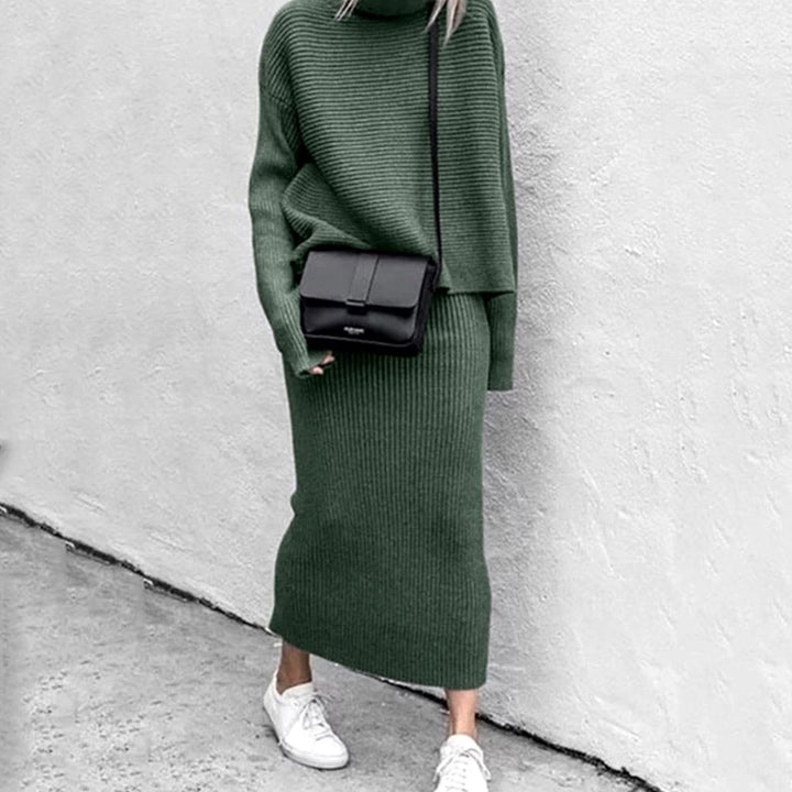Women's Cozy Pullover Skirt Set Turtleneck Ribbed Knit Two-Piece - Military Green